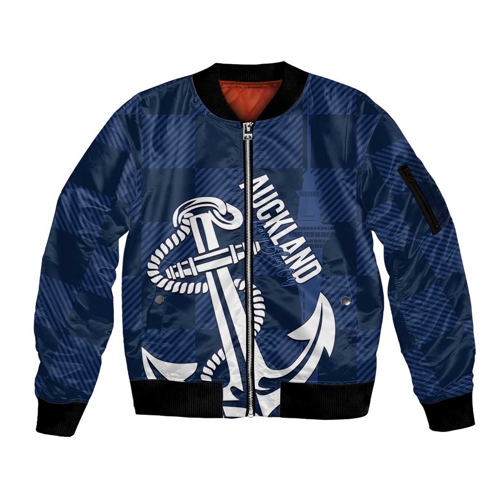New Zealand Auckland Football Custom Sleeve Zip Bomber Jacket Navy Blue City Anchor Sky Tower Symbol - Polynesian Pride