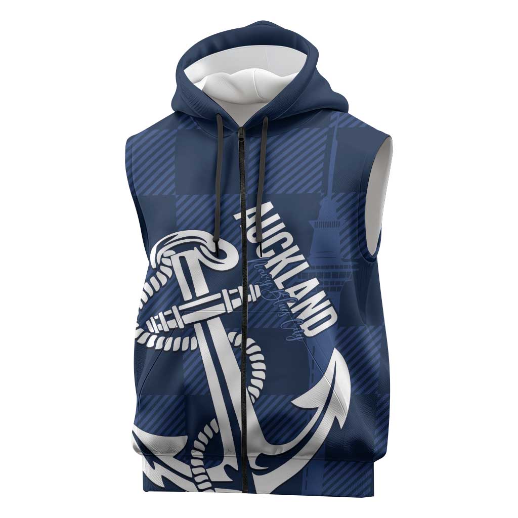New Zealand Auckland Football Custom Sleeveless Zip Hoodie Navy Blue City Anchor Sky Tower Symbol - Polynesian Pride