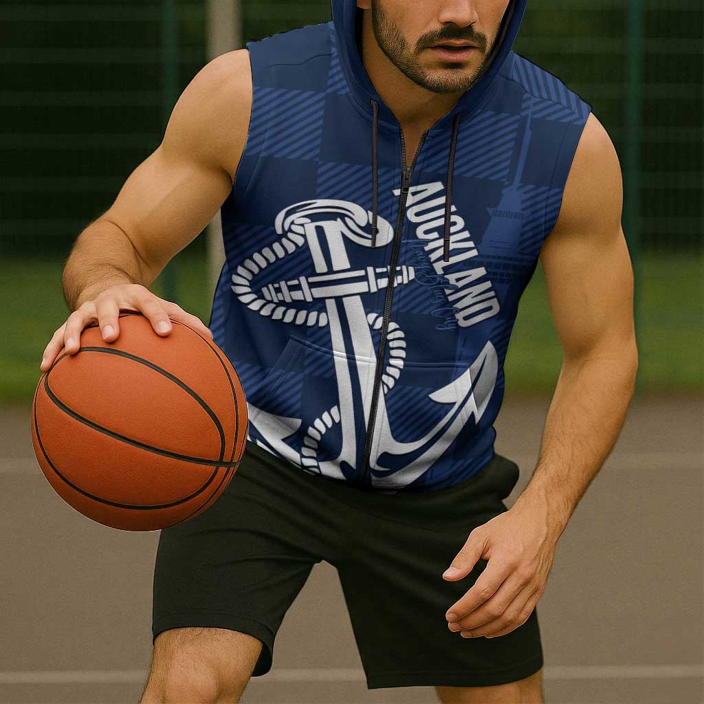New Zealand Auckland Football Custom Sleeveless Zip Hoodie Navy Blue City Anchor Sky Tower Symbol - Polynesian Pride