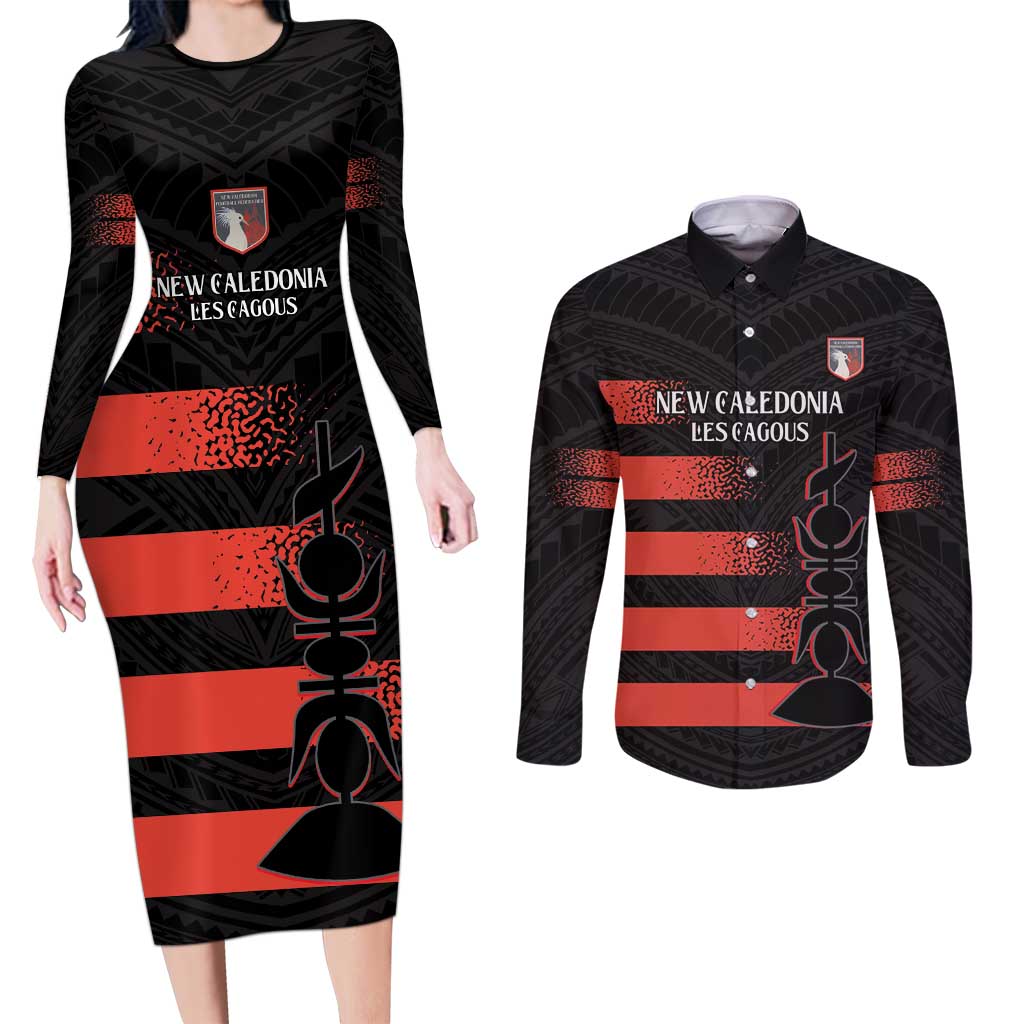 Custom New Caledonia Football Couples Matching Long Sleeve Bodycon Dress and Long Sleeve Button Shirt Allez Les Cagous Polynesian Pattern LT14 Black - Polynesian Pride