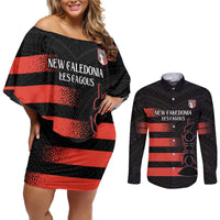 Custom New Caledonia Football Couples Matching Off Shoulder Short Dress and Long Sleeve Button Shirt Allez Les Cagous Polynesian Pattern LT14 Black - Polynesian Pride