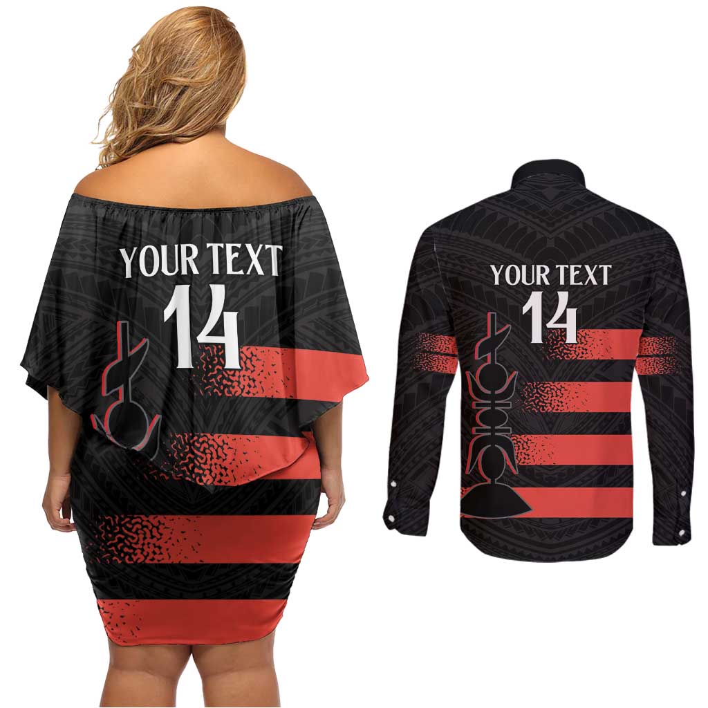 Custom New Caledonia Football Couples Matching Off Shoulder Short Dress and Long Sleeve Button Shirt Allez Les Cagous Polynesian Pattern LT14 - Polynesian Pride