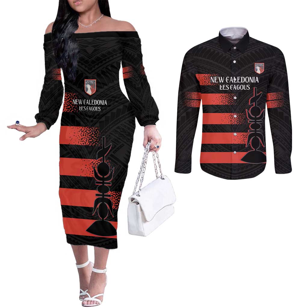 Custom New Caledonia Football Couples Matching Off The Shoulder Long Sleeve Dress and Long Sleeve Button Shirt Allez Les Cagous Polynesian Pattern LT14 Black - Polynesian Pride