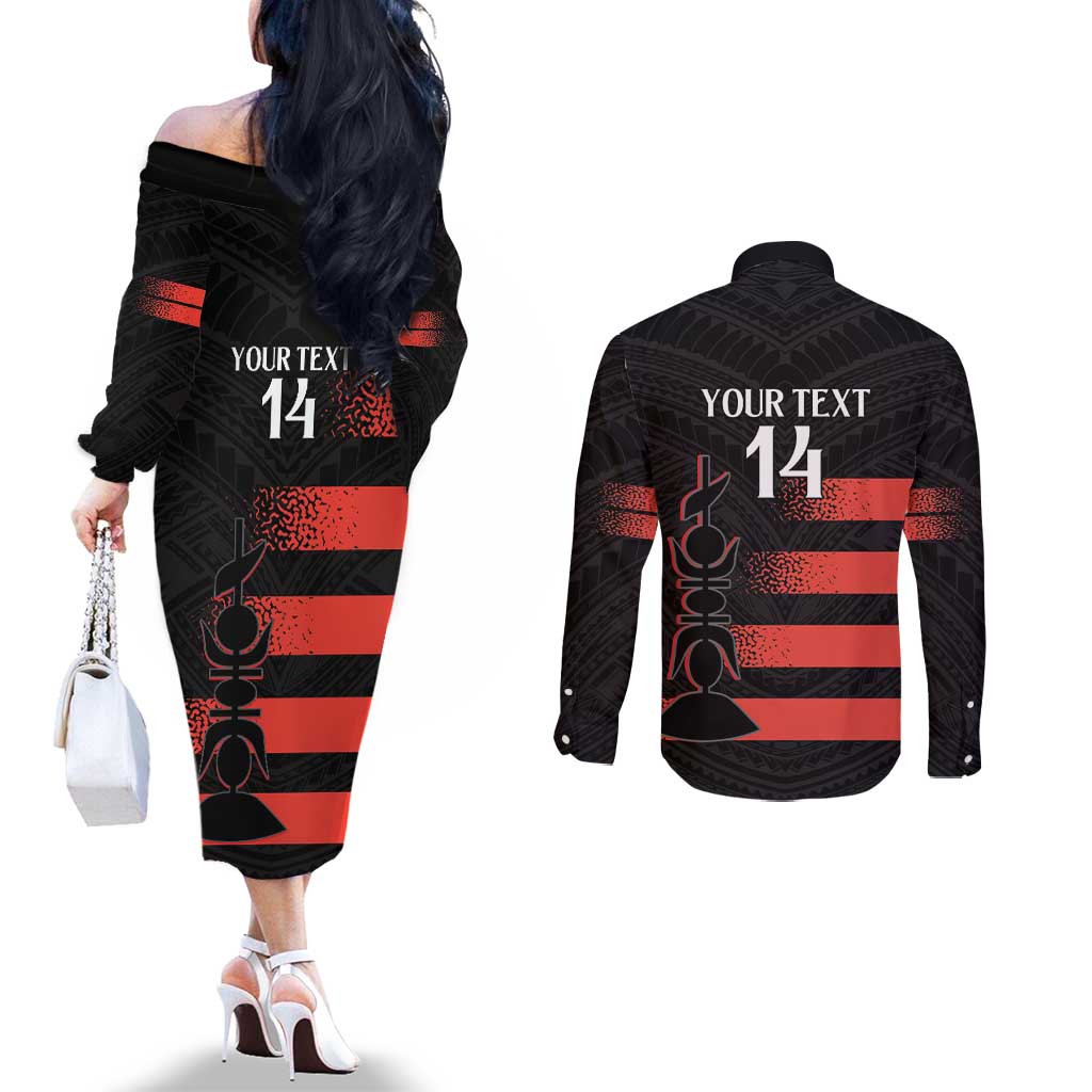 Custom New Caledonia Football Couples Matching Off The Shoulder Long Sleeve Dress and Long Sleeve Button Shirt Allez Les Cagous Polynesian Pattern LT14 - Polynesian Pride
