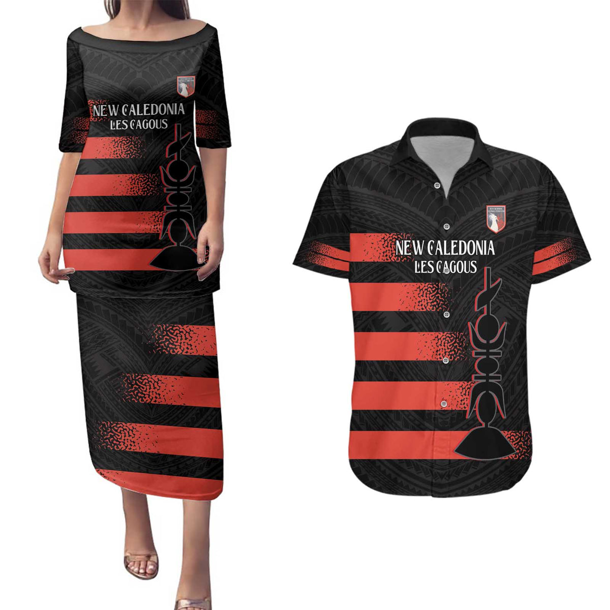 Custom New Caledonia Football Couples Matching Puletasi and Hawaiian Shirt Allez Les Cagous Polynesian Pattern LT14 Black - Polynesian Pride