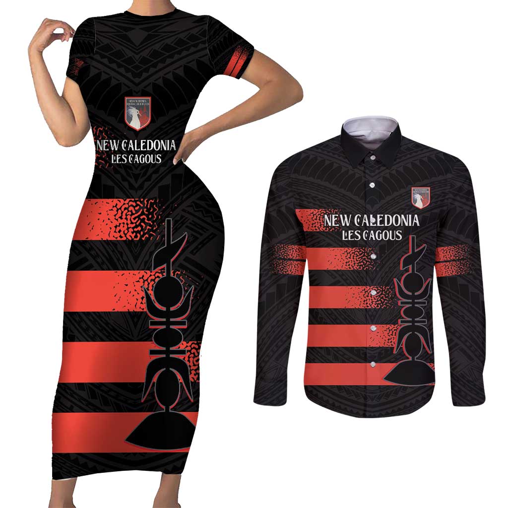 Custom New Caledonia Football Couples Matching Short Sleeve Bodycon Dress and Long Sleeve Button Shirt Allez Les Cagous Polynesian Pattern LT14 Black - Polynesian Pride