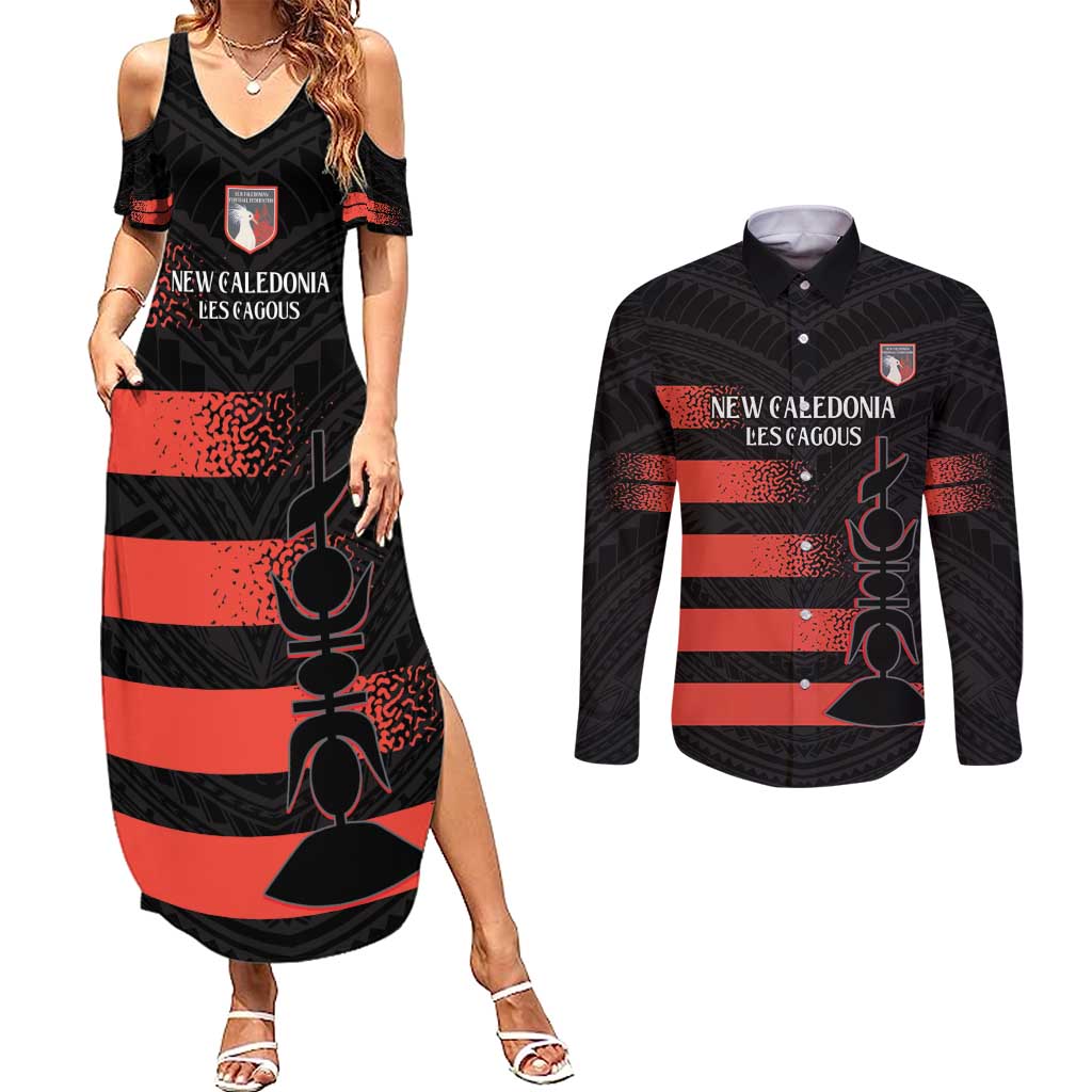 Custom New Caledonia Football Couples Matching Summer Maxi Dress and Long Sleeve Button Shirt Allez Les Cagous Polynesian Pattern LT14 Black - Polynesian Pride