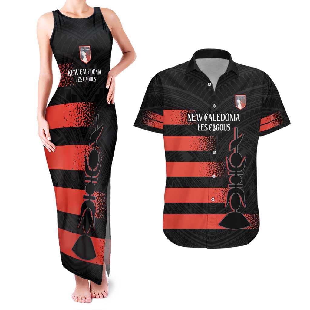 Custom New Caledonia Football Couples Matching Tank Maxi Dress and Hawaiian Shirt Allez Les Cagous Polynesian Pattern LT14 Black - Polynesian Pride