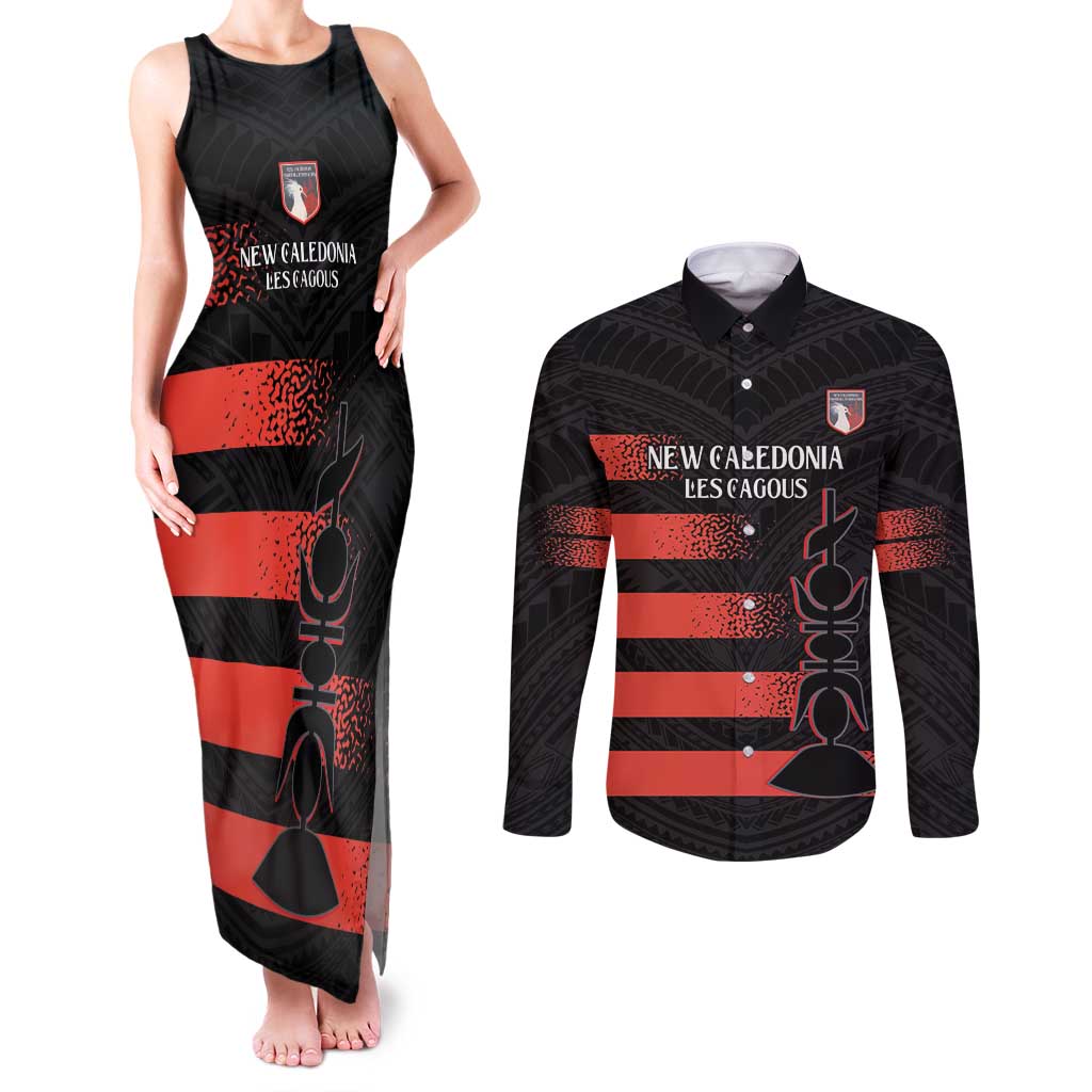 Custom New Caledonia Football Couples Matching Tank Maxi Dress and Long Sleeve Button Shirt Allez Les Cagous Polynesian Pattern LT14 Black - Polynesian Pride