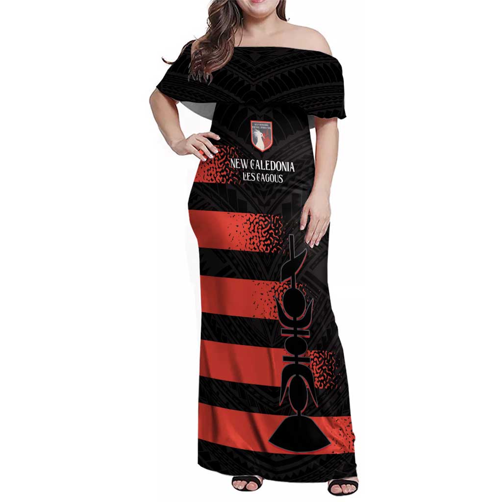 Custom New Caledonia Football Family Matching Off Shoulder Maxi Dress and Hawaiian Shirt Allez Les Cagous Polynesian Pattern LT14 Mom's Dress Black - Polynesian Pride