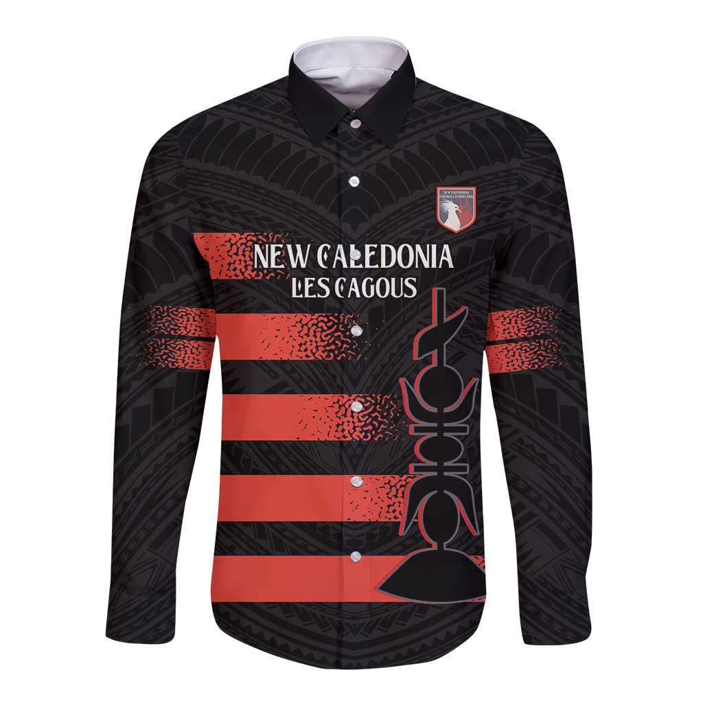 Custom New Caledonia Football Long Sleeve Button Shirt Allez Les Cagous Polynesian Pattern LT14 Unisex Black - Polynesian Pride