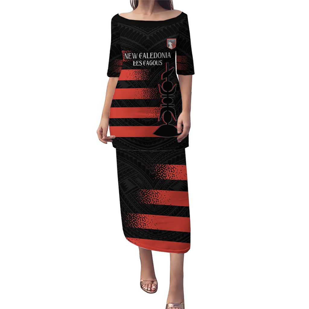 Custom New Caledonia Football Puletasi Allez Les Cagous Polynesian Pattern LT14 Long Dress Black - Polynesian Pride
