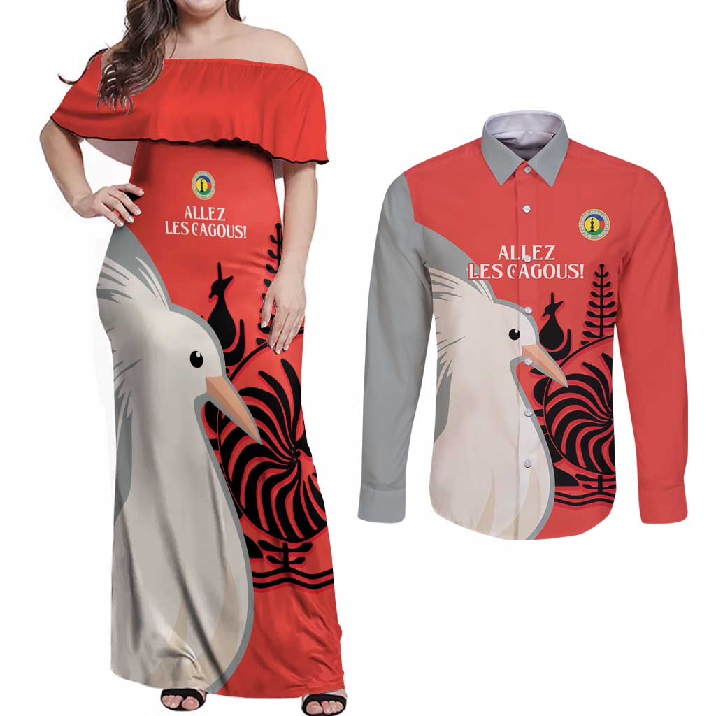 Custom Nouvelle-Caledonie Football Couples Matching Off Shoulder Maxi Dress and Long Sleeve Button Shirt Allez Les Cagous Simple Style