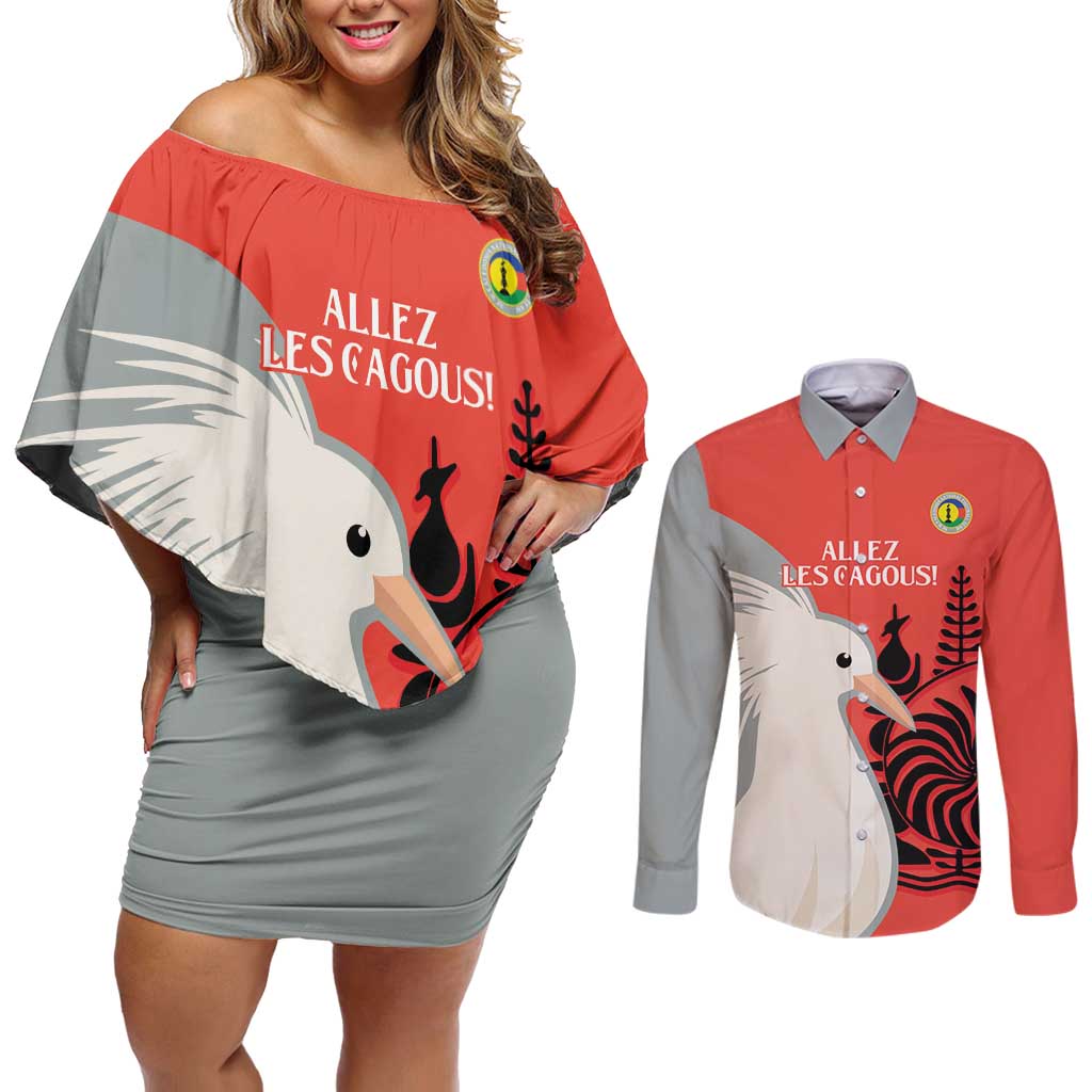 Custom Nouvelle-Caledonie Football Couples Matching Off Shoulder Short Dress and Long Sleeve Button Shirt Allez Les Cagous Simple Style