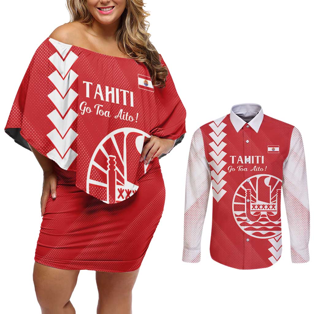 Custom Tahiti Football Couples Matching Off Shoulder Short Dress and Long Sleeve Button Shirt Go Toa Aito LT14 Red - Polynesian Pride