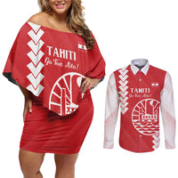 Custom Tahiti Football Couples Matching Off Shoulder Short Dress and Long Sleeve Button Shirt Go Toa Aito LT14 Red - Polynesian Pride