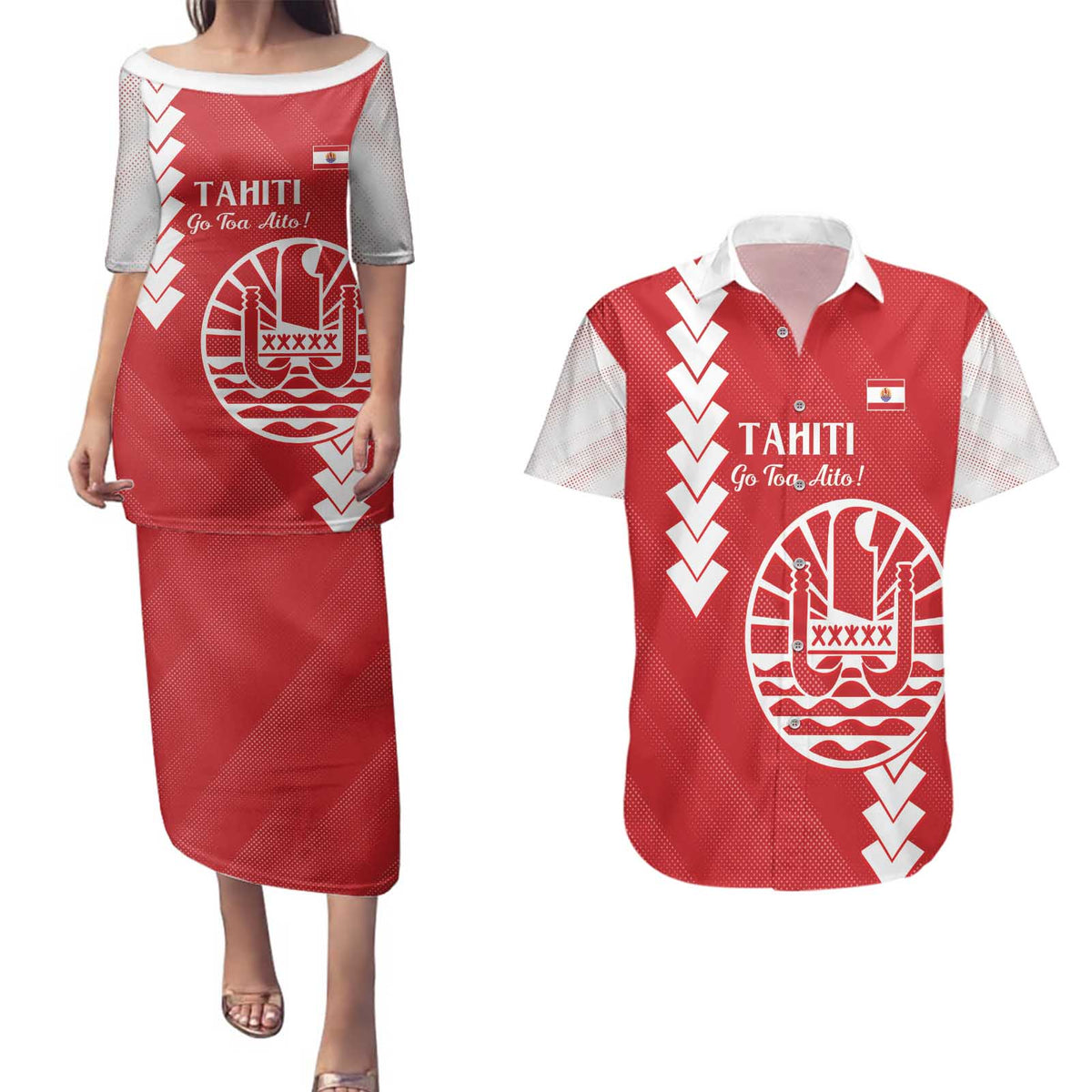 Custom Tahiti Football Couples Matching Puletasi and Hawaiian Shirt Go Toa Aito LT14 Red - Polynesian Pride