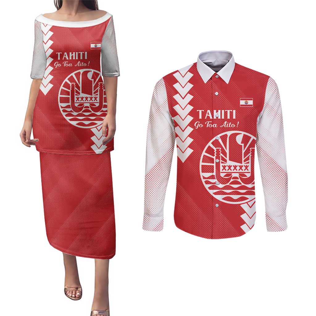 Custom Tahiti Football Couples Matching Puletasi and Long Sleeve Button Shirt Go Toa Aito LT14 Red - Polynesian Pride