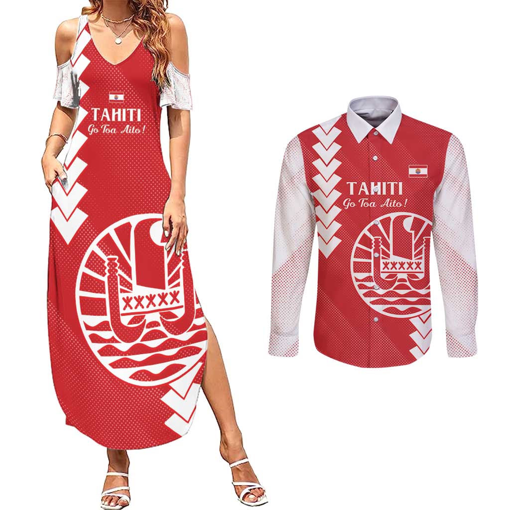 Custom Tahiti Football Couples Matching Summer Maxi Dress and Long Sleeve Button Shirt Go Toa Aito LT14 Red - Polynesian Pride