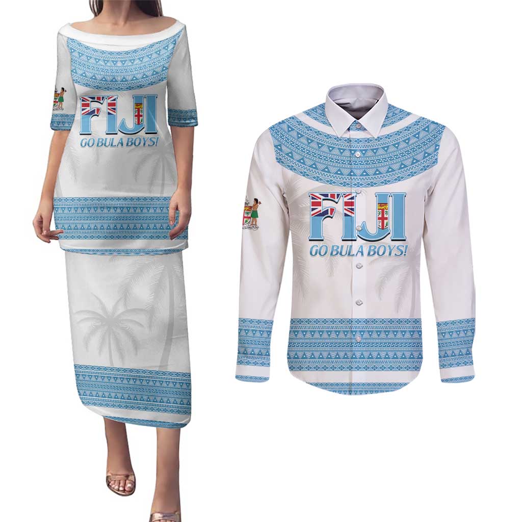 Custom Fiji Tapa Football Couples Matching Puletasi and Long Sleeve Button Shirt Go Bula Boy! LT14 White - Polynesian Pride