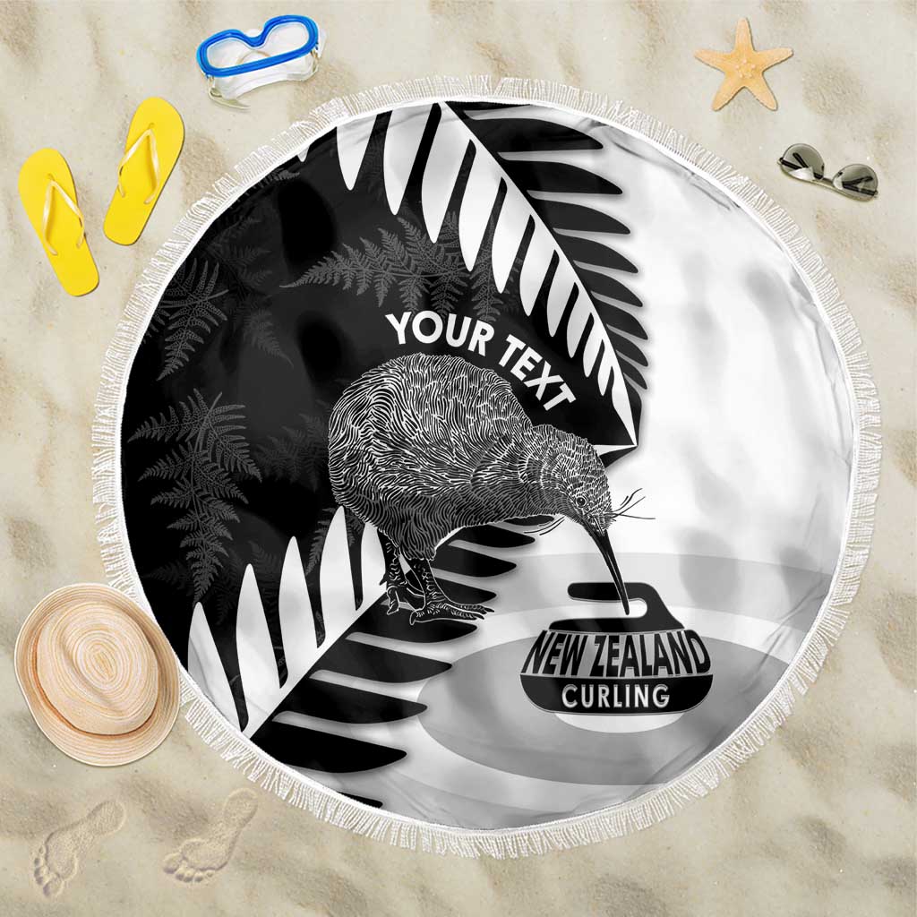 New Zealand Silver Fern Curling Personalised Beach Blanket Aotearoa Kiwi Ponga Black White Version LT14 One Size 150cm Black - Polynesian Pride