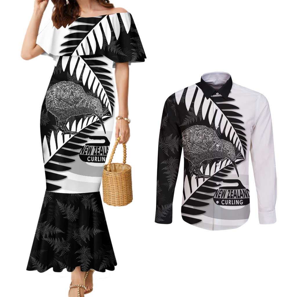 New Zealand Silver Fern Curling Personalised Couples Matching Mermaid Dress and Long Sleeve Button Shirt Aotearoa Kiwi Ponga Black White Version - Polynesian Pride