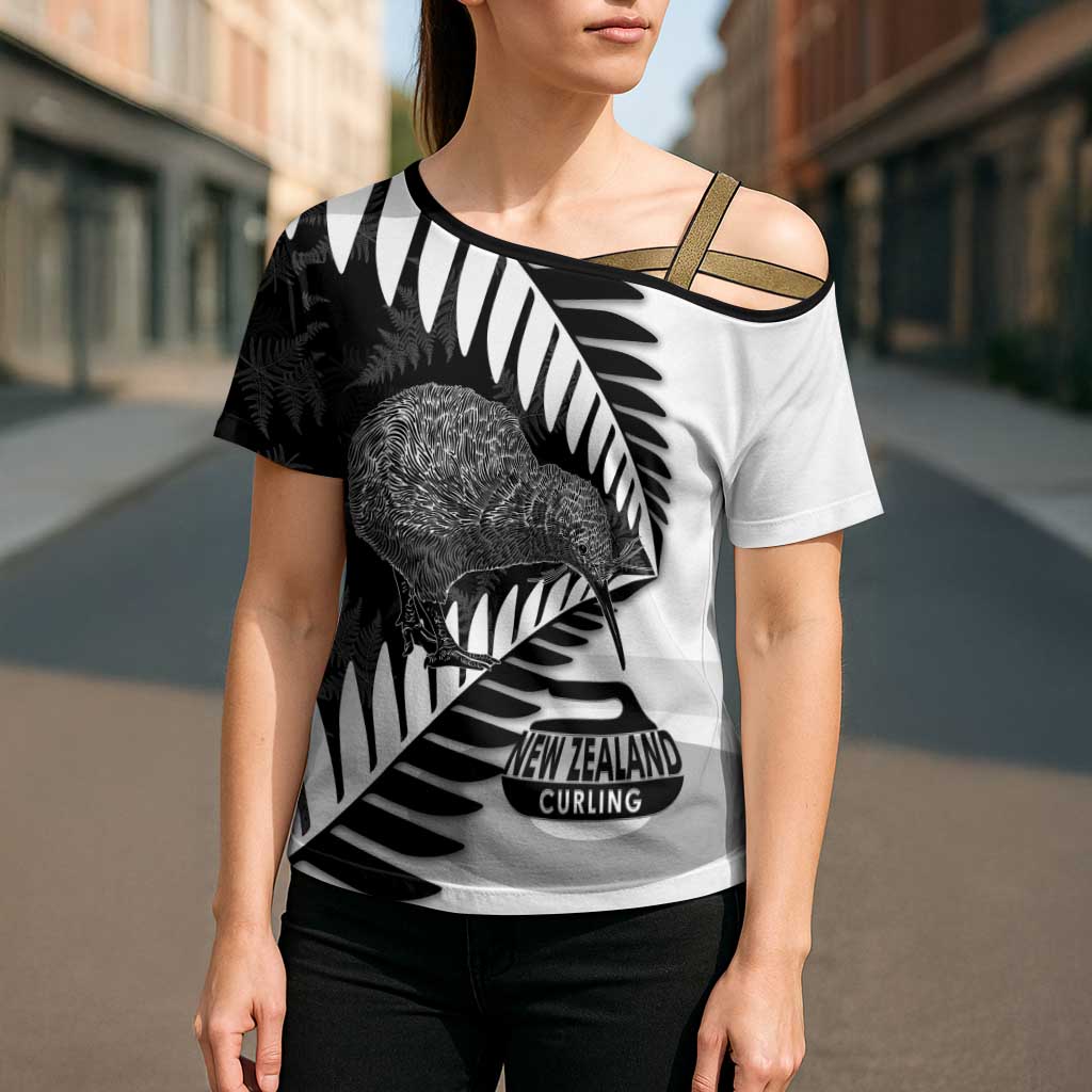 New Zealand Silver Fern Curling Personalised Cross Shoulder Shirt Aotearoa Kiwi Ponga Black White Version LT14 - Polynesian Pride