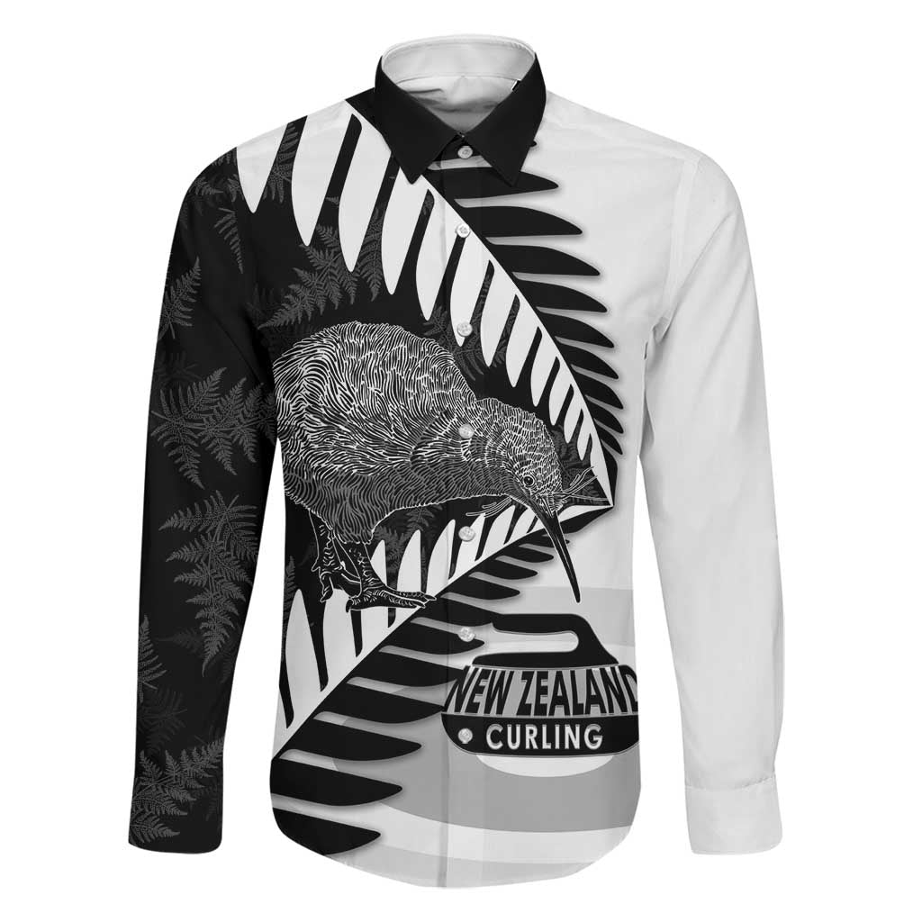 New Zealand Silver Fern Curling Personalised Family Matching Off The Shoulder Long Sleeve Dress and Hawaiian Shirt Aotearoa Kiwi Ponga Black White Version LT14 Dad's Shirt - Long Sleeve Black - Polynesian Pride