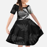 New Zealand Silver Fern Curling Personalised Family Matching Puletasi and Hawaiian Shirt Aotearoa Kiwi Ponga Black White Version LT14 Daughter's Dress Black - Polynesian Pride