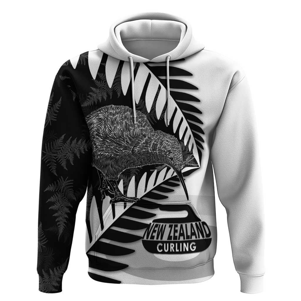 New Zealand Silver Fern Curling Personalised Hoodie Aotearoa Kiwi Ponga Black White Version LT14 Pullover Hoodie Black - Polynesian Pride