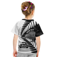 New Zealand Silver Fern Curling Personalised Kid T Shirt Aotearoa Kiwi Ponga Black White Version LT14 - Polynesian Pride