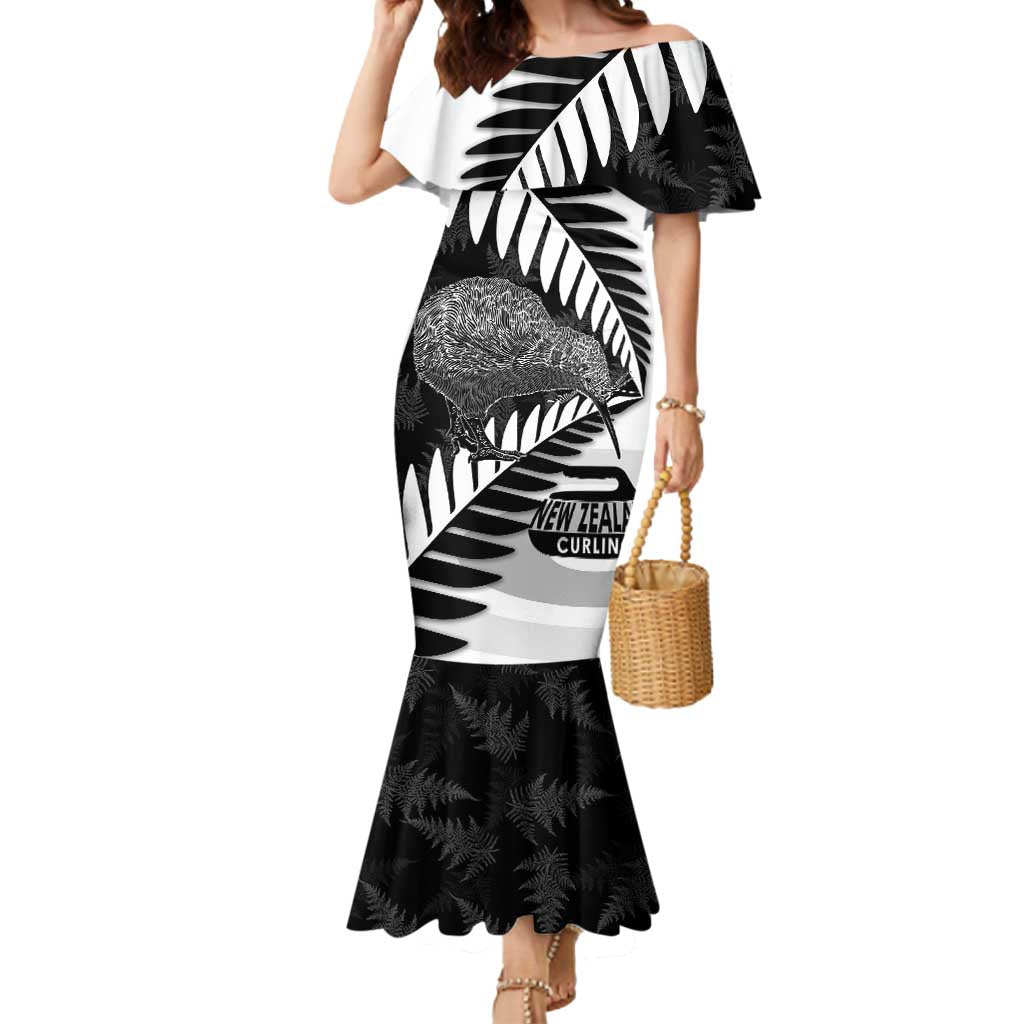 New Zealand Silver Fern Curling Personalised Mermaid Dress Aotearoa Kiwi Ponga Black White Version - Polynesian Pride