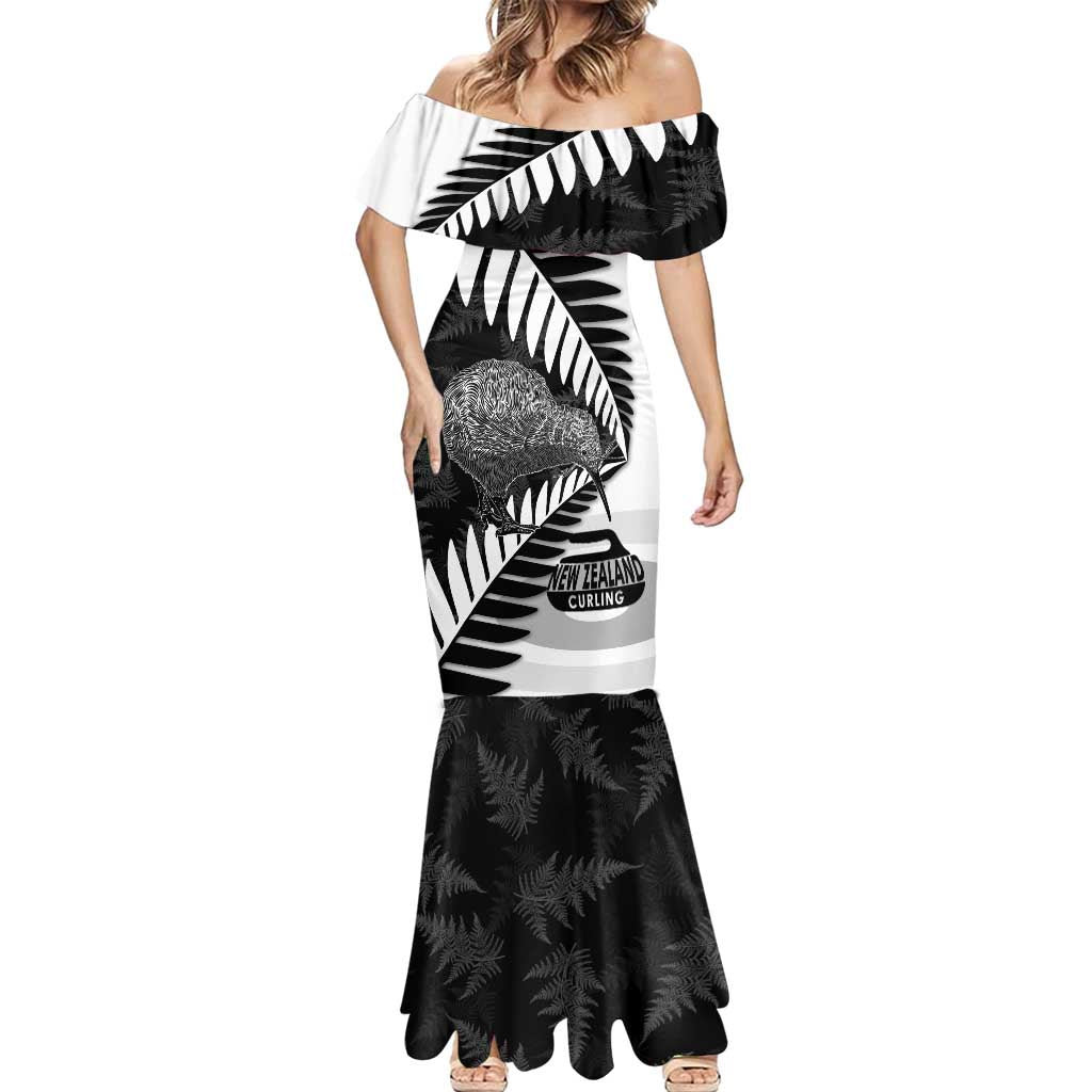 New Zealand Silver Fern Curling Personalised Mermaid Dress Aotearoa Kiwi Ponga Black White Version - Polynesian Pride