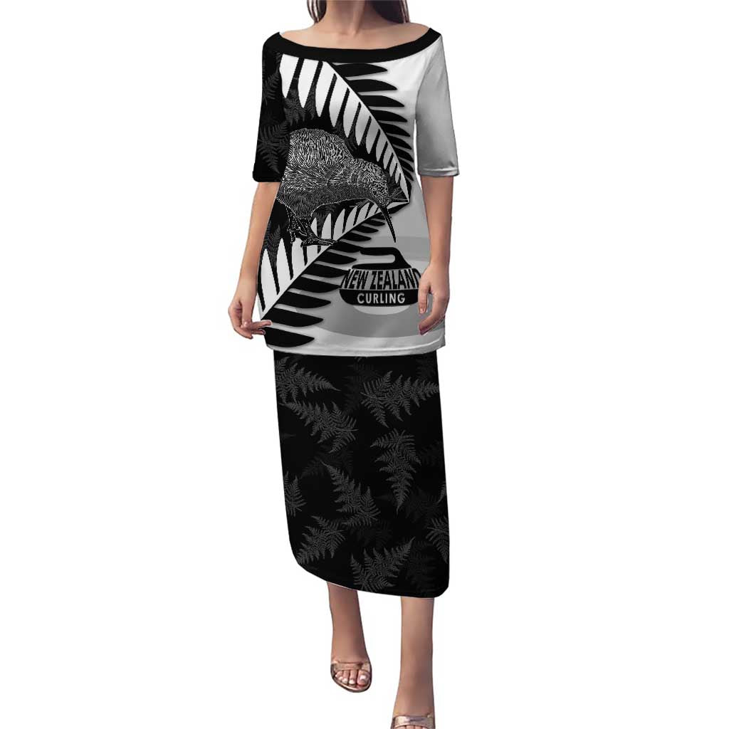 New Zealand Silver Fern Curling Personalised Puletasi Aotearoa Kiwi Ponga Black White Version - Polynesian Pride