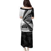 New Zealand Silver Fern Curling Personalised Puletasi Aotearoa Kiwi Ponga Black White Version LT14 - Polynesian Pride