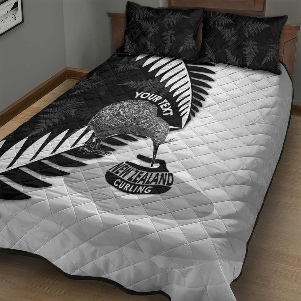 New Zealand Silver Fern Curling Personalised Quilt Bed Set Aotearoa Kiwi Ponga Black White Version - Polynesian Pride