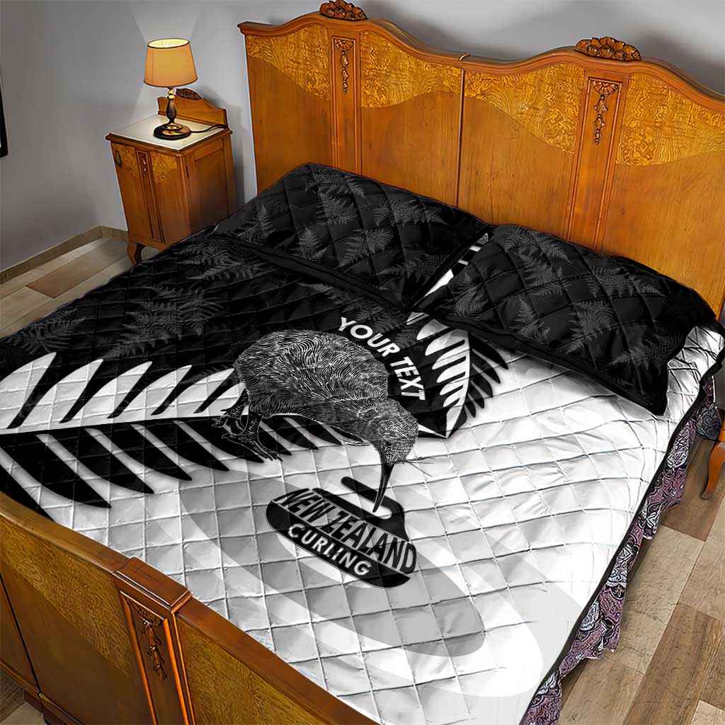 New Zealand Silver Fern Curling Personalised Quilt Bed Set Aotearoa Kiwi Ponga Black White Version - Polynesian Pride
