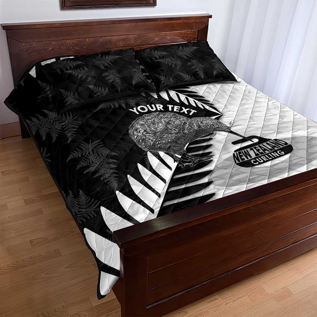 New Zealand Silver Fern Curling Personalised Quilt Bed Set Aotearoa Kiwi Ponga Black White Version - Polynesian Pride
