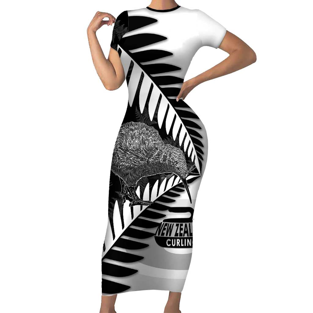 New Zealand Silver Fern Curling Personalised Short Sleeve Bodycon Dress Aotearoa Kiwi Ponga Black White Version - Polynesian Pride