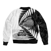 New Zealand Silver Fern Curling Personalised Sleeve Zip Bomber Jacket Aotearoa Kiwi Ponga Black White Version LT14 - Polynesian Pride