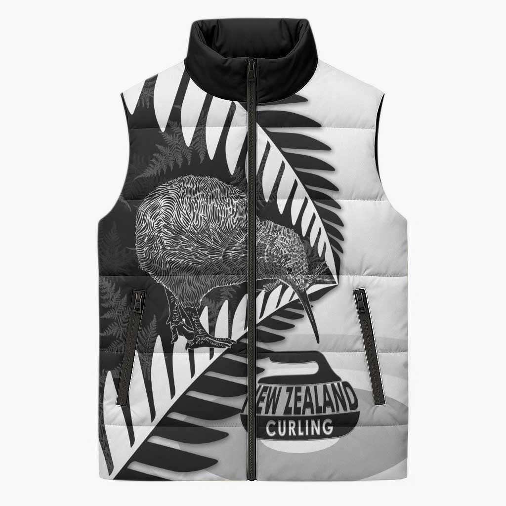 New Zealand Silver Fern Curling Personalised Sleeveless Puffer Jacket Aotearoa Kiwi Ponga Black White Version LT14 Unisex Black - Polynesian Pride