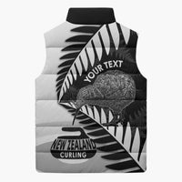 New Zealand Silver Fern Curling Personalised Sleeveless Puffer Jacket Aotearoa Kiwi Ponga Black White Version LT14 - Polynesian Pride