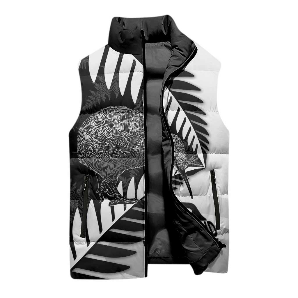New Zealand Silver Fern Curling Personalised Sleeveless Puffer Jacket Aotearoa Kiwi Ponga Black White Version LT14 - Polynesian Pride