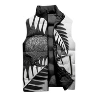 New Zealand Silver Fern Curling Personalised Sleeveless Puffer Jacket Aotearoa Kiwi Ponga Black White Version LT14 - Polynesian Pride
