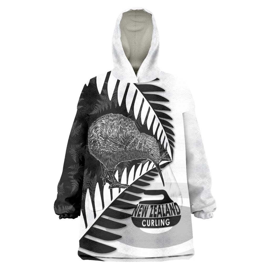 New Zealand Silver Fern Curling Personalised Wearable Blanket Hoodie Aotearoa Kiwi Ponga Black White Version - Polynesian Pride