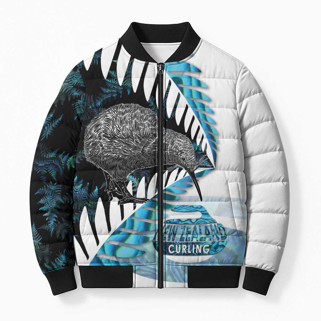 New Zealand Silver Fern Curling Personalised Bomber Puffer Jacket Aotearoa Kiwi Ponga Paua Shell Version - Polynesian Pride