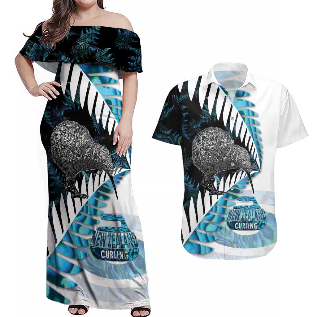 New Zealand Silver Fern Curling Personalised Couples Matching Off Shoulder Maxi Dress and Hawaiian Shirt Aotearoa Kiwi Ponga Paua Shell Version - Polynesian Pride