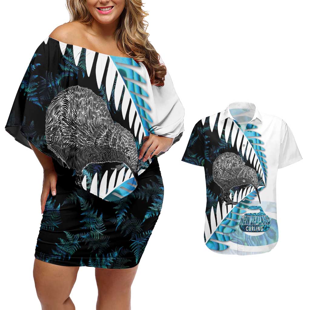 New Zealand Silver Fern Curling Personalised Couples Matching Off Shoulder Short Dress and Hawaiian Shirt Aotearoa Kiwi Ponga Paua Shell Version - Polynesian Pride