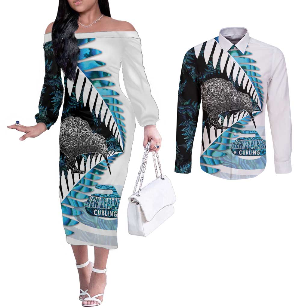 New Zealand Silver Fern Curling Personalised Couples Matching Off The Shoulder Long Sleeve Dress and Long Sleeve Button Shirt Aotearoa Kiwi Ponga Paua Shell Version - Polynesian Pride