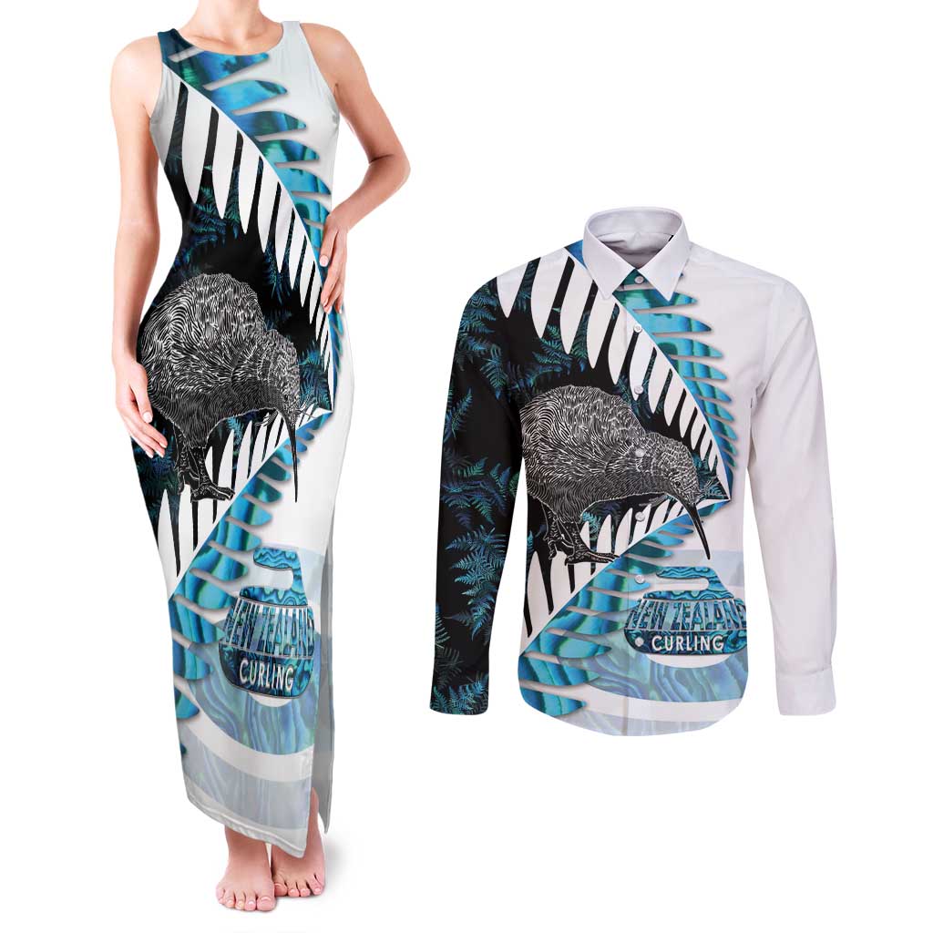 New Zealand Silver Fern Curling Personalised Couples Matching Tank Maxi Dress and Long Sleeve Button Shirt Aotearoa Kiwi Ponga Paua Shell Version - Polynesian Pride